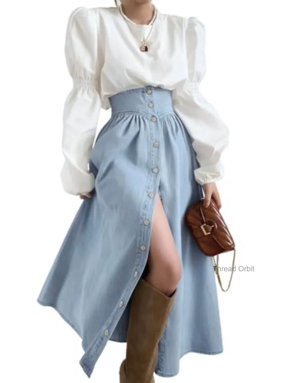 High Waist Long Denim Skirt Button Down Swing A-Line Maxi Jean Skirt with